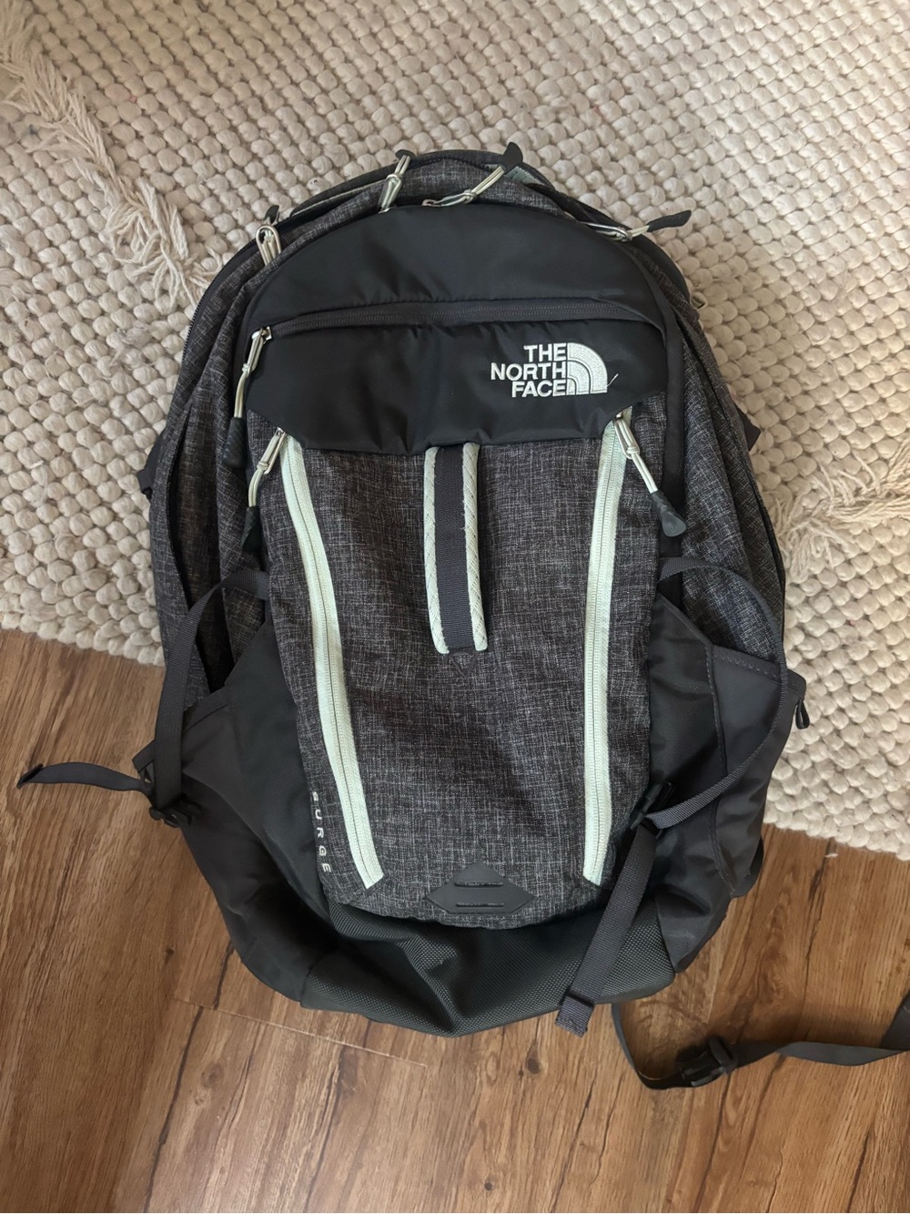 The North Face Black & Heather Gray Backpack with Mint Zippers